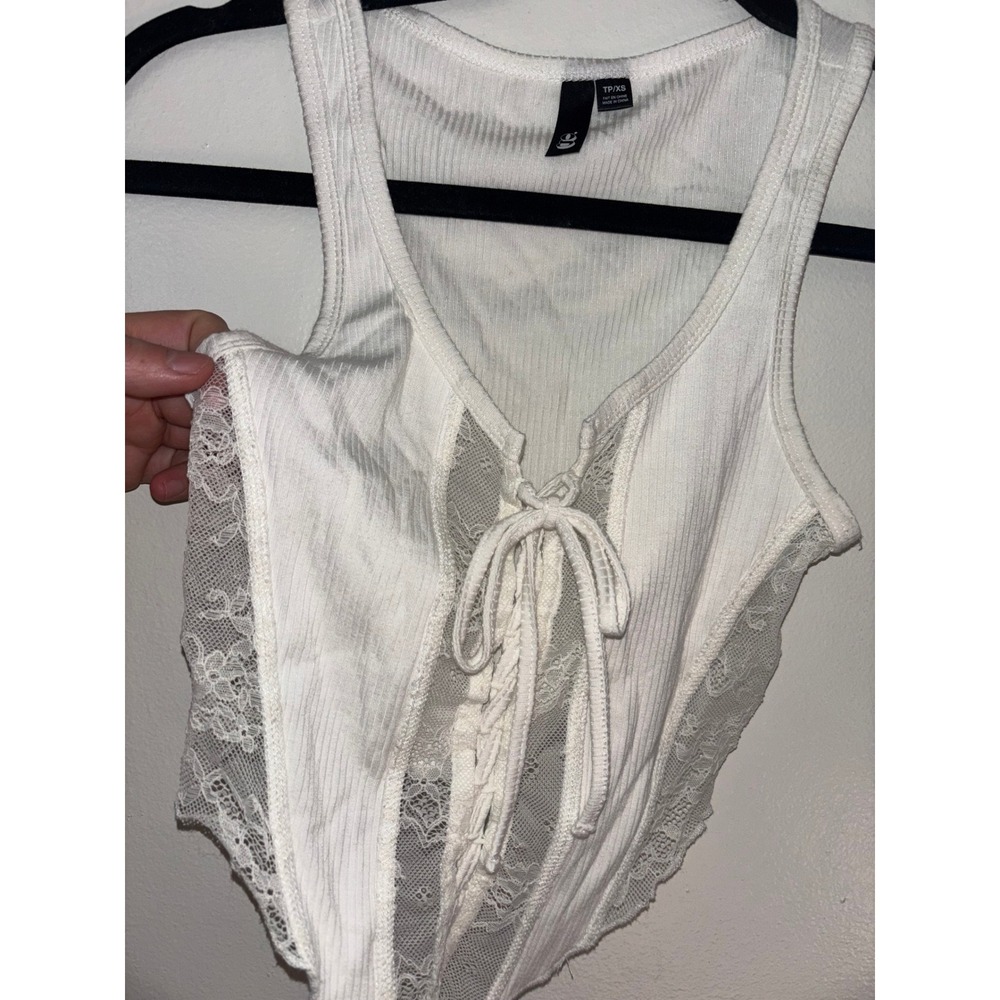 White‎ Ribbed Lacy Corset Crop Tank Top Women's XS Festival Coquette Renaissance